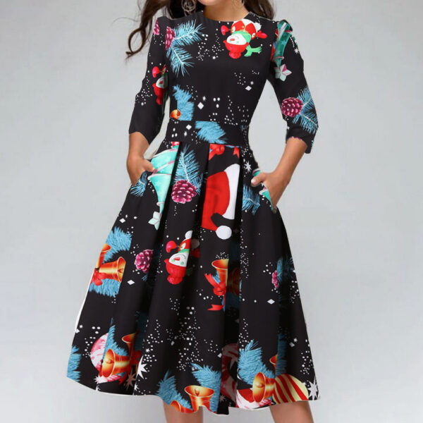 Christmas Print Slim Round Neck Dress - Image 3