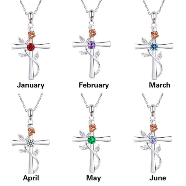 Rose Cross Necklace Featuring Birthstone Rhinestone Charm - Image 10