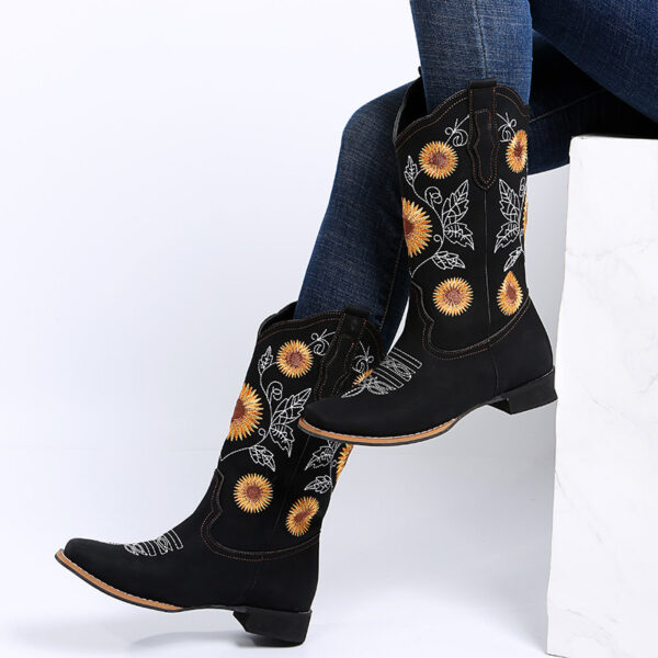 Cowboy Boots Women Sunflower Embroidery Shoes Low Heel Western Boot - Image 2