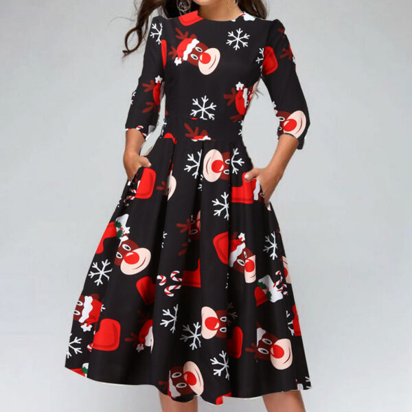 Christmas Print Slim Round Neck Dress - Image 5