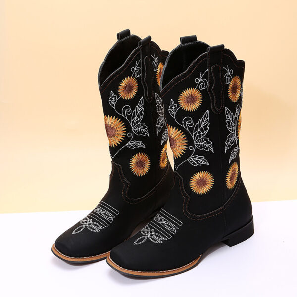 Cowboy Boots Women Sunflower Embroidery Shoes Low Heel Western Boot - Image 5