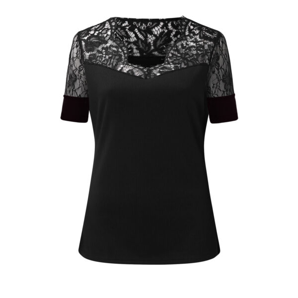 V Neck Lace Trim Blouse With Short Sleeves - Image 3