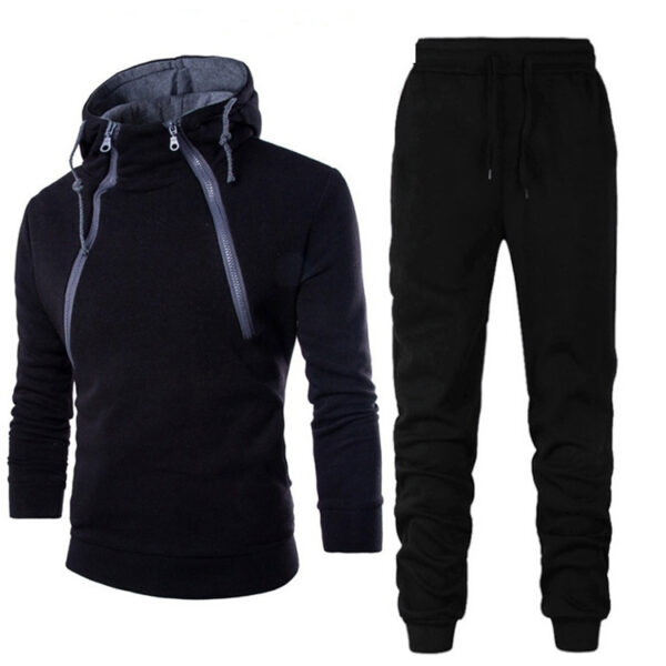 Double Zipper Hooded Contrast Color Long-sleeved Sweatshirt Suit - Image 4