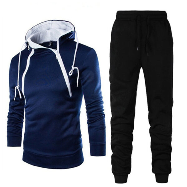 Double Zipper Hooded Contrast Color Long-sleeved Sweatshirt Suit - Image 2