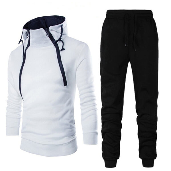 Double Zipper Hooded Contrast Color Long-sleeved Sweatshirt Suit - Image 5