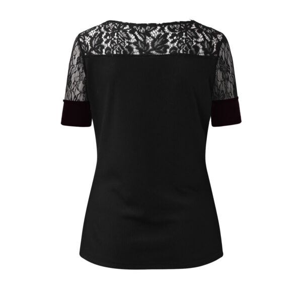 V Neck Lace Trim Blouse With Short Sleeves - Image 2