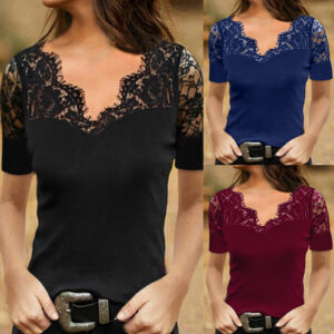 V Neck Lace Trim Blouse With Short Sleeves