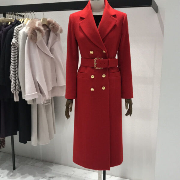 High-End Slim Fitting Long Wool Coat Women with Golden Buttons