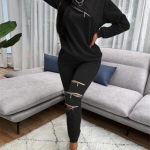 Casual Personality Zipper Solid Color Sweater Suit