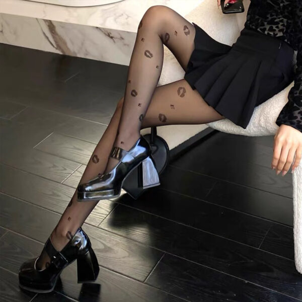 Women's Opaque Sheer Silk Tights with Lips Design - Image 4