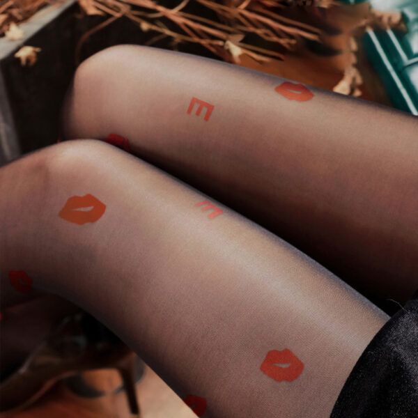 Women's Opaque Sheer Silk Tights with Lips Design - Image 6